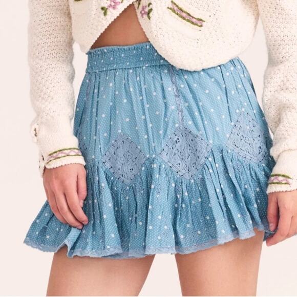 LoveShackFancy Adia Ruffle Mini Skirt in Blue Polka Dot XS - Picture 1 of 12